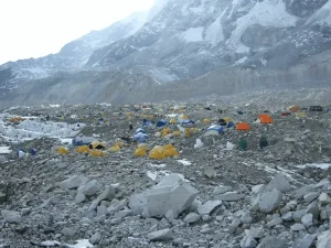 Camping tents over the Khumbu Glacier in EBC