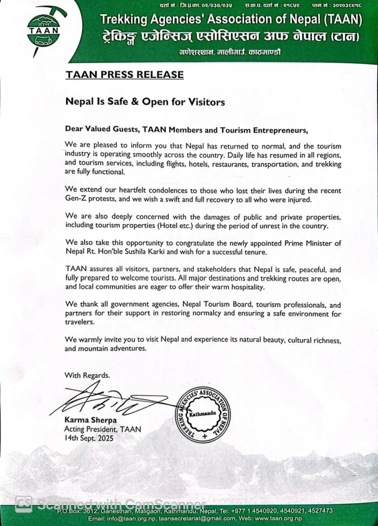 Nepal Trekking Safety in Autumn 2025 - TAAN Statement: Nepal Is Safe & Open