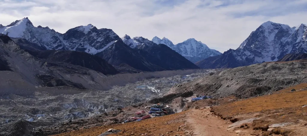 Beautiful panorama view of Khumbu glacier and Sherpa village Gorakshep, with snow-capped majestic mountains viewed from Kala Patthar, Himalayas, Nepal